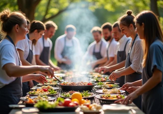 屋外で料理ワークショップに参加する人々